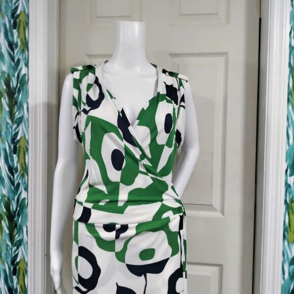 Banana Republic Geometric Preppy Twee Knee Length Wrap Dress Green/White Large - Picture 3 of 13